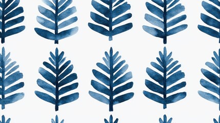 Blue Watercolor Leaf Pattern on White Background for Design Use