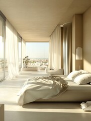 Minimalist Beige Bedroom With City View