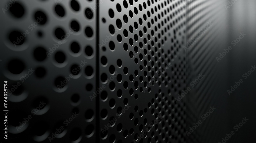 Poster Close-up of a textured black panel with circular perforations, showcasing design and material.