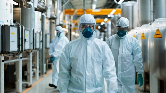 Protective suit safety gear industrial workers factory environment chemical plant health precautions teamwork personal protective equipment hygiene standards manufacturing process