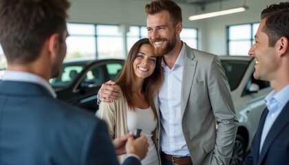 Happy Couple Receiving Keys at Car Dealership