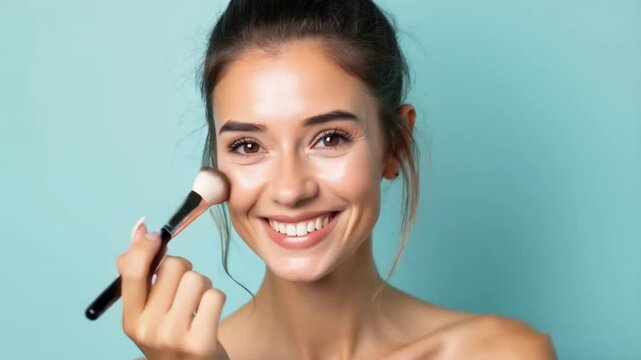Smiling woman applying makeup with a brush on a light blue background