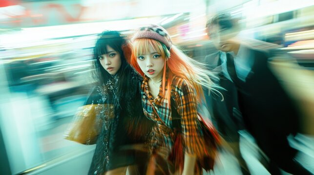 Exciting moments of a gyaru pop punk music group at Shibuya station in vibrant Tokyo fashion
