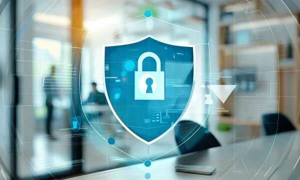 Digital shield with security icons and business people in office setting