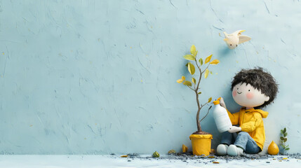 Yellow raincoat kid gardening with tools and small plant in yellow pot against light blue wall, childhood hobby and nature caring concept