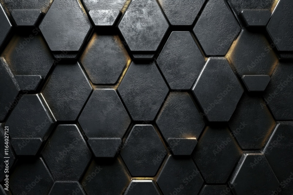 Poster A textured wall featuring interlocking black hexagonal tiles with a metallic finish.