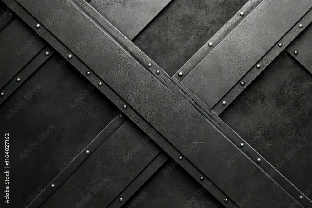 Poster A textured background featuring dark metal panels with rivets arranged in an X pattern.