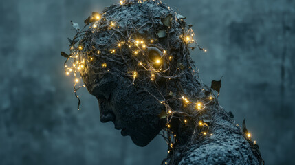 Abstract profile silhouette with glowing lights and string entangled in dark moody atmosphere