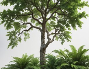 Fototapeta premium Tall tree with lush green leaves against a clean white background , woodsy, tree, calm