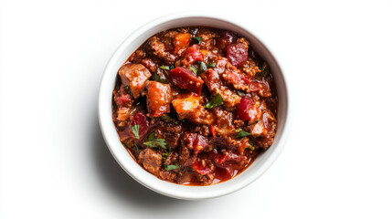 Wet dog food with meat chunks and gravy in ceramic bowl, homemade pet food with fresh ingredients and savory sauce for healthy canine nutrition
