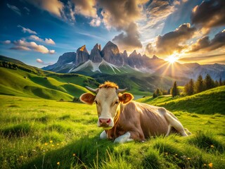 Serene Cow Grazing in Seiser Alm's Alpine Meadow