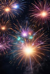 Naklejka premium Vibrant fireworks exploding in the night sky with colorful sparks and glittering stars , fireworks explosion, glitter, colorful