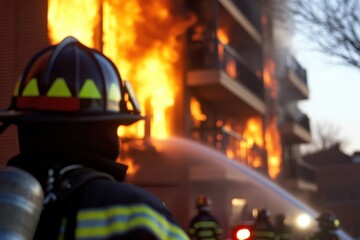 This powerful image depicts courageous firefighters battling intense flames, showcasing their dedication as they work tirelessly to bring the fire under control in a challenging environment.