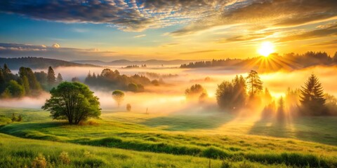 Obraz premium Serene Early Morning Fog Rolling Over Misty Meadow, Copy Space