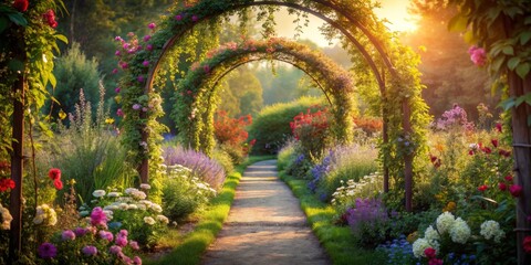 Fototapeta premium Serene Garden Path: Whimsical Floral Gateway - Digital Painting
