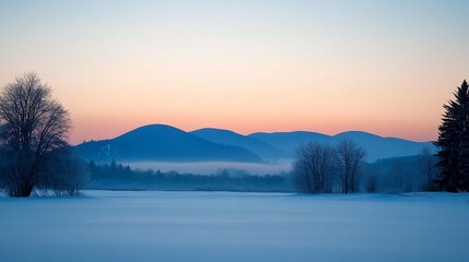 Obraz premium Winter sunrise over a frosted landscape with distant mountains.