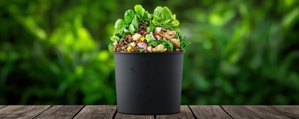 Environmental Consideration Concept. Potted plants with vibrant greens on a wooden table outdoors