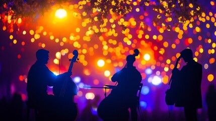 Silhouettes of musicians playing stringed instruments outdoors at night under colorful lights.