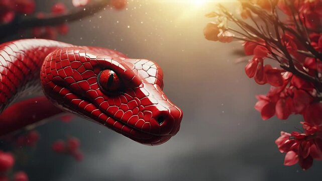 Red snake and red leaf tree to celebrate Chinese New Year. Seamless 4K looping timelapse video animation background