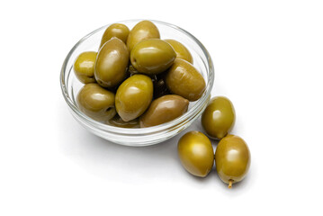 greek green olives in glass bowl on white background