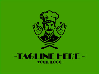 Ideal for food blogs, professional chef vector logo master chef symbol with a modern touch restaurant menus, and cookingthemed designs, a black chef hat, fork, and spoon on a green background