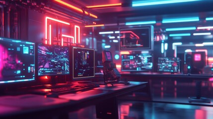 Blurred background of a modern gaming room featuring multiple monitors and vibrant neon lights, creating an immersive environment perfect for gamers and content creators.