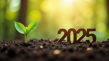 Young Plant Growing with 2025 Sign in Fertile Soil