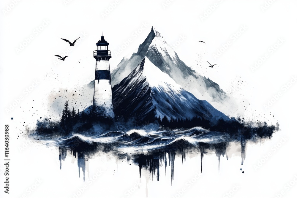 Poster A clean outline of an island with a lighthouse and waves, representing a simple yet iconic image of seclusion