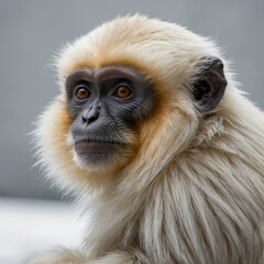 Obraz premium A white-faced monkey with a soft, sleek coat, resting calmly on a white surface.