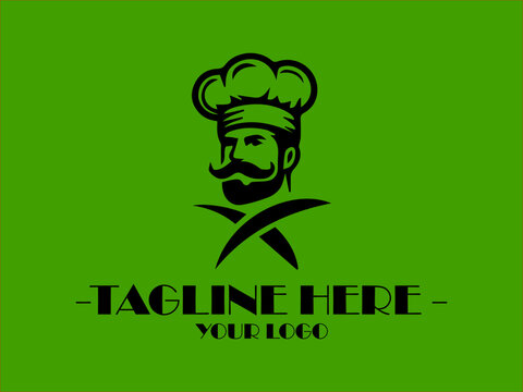 Ideal for food blogs, professional chef vector logo master chef symbol with a modern touch restaurant menus, and cookingthemed designs, a black chef hat, fork, and spoon on a green background