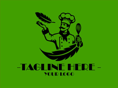 Ideal for food blogs, professional chef vector logo master chef symbol with a modern touch restaurant menus, and cookingthemed designs, a black chef hat, fork, and spoon on a green background