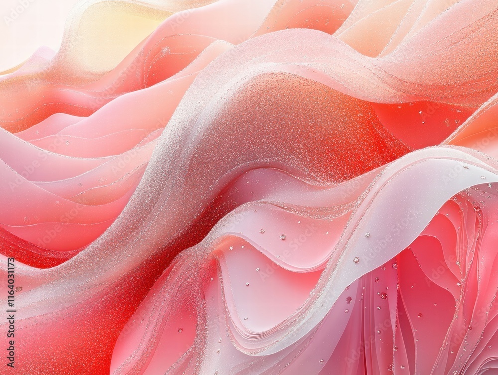 Poster Abstract waves in soft pink and red hues with a shimmering effect.