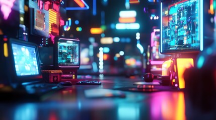 Blurred background of a modern gaming room featuring multiple monitors and vibrant neon lights, creating an immersive environment perfect for gamers and content creators.