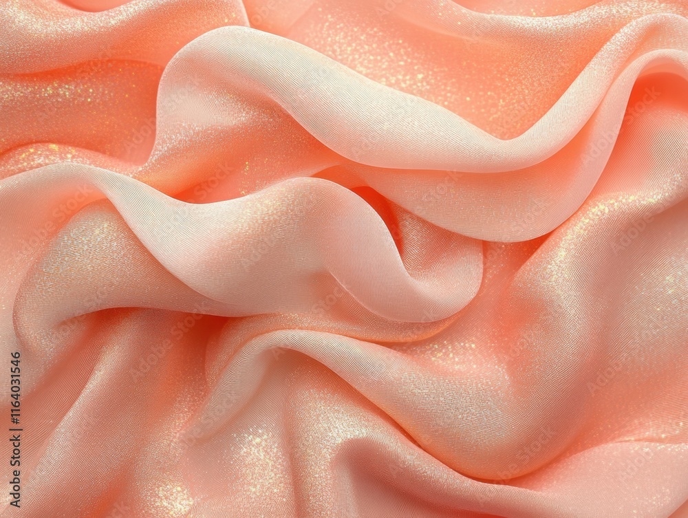 Poster a close-up of soft, shimmering coral fabric with gentle folds and waves.