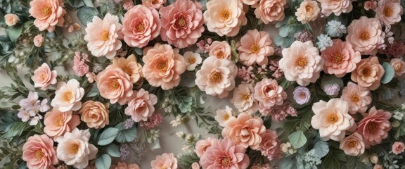 Artificial flower wall in a vintage style with intricate details and soft pastel colors,  floral wall, vintage floral arrangement