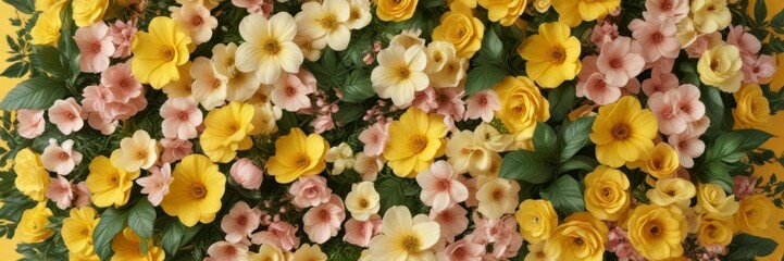 Fototapeta premium Artificial flower wall with lush greenery and delicate petals against a soft yellow background, vintage style, garden decoration