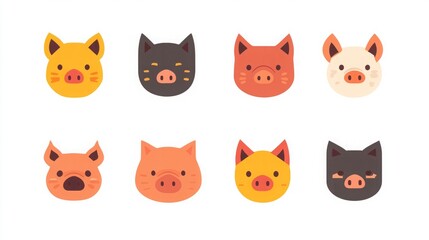 Fototapeta premium A colorful grid featuring cute, cartoonish animal faces, including pigs and cats, in various playful designs and expressions.
