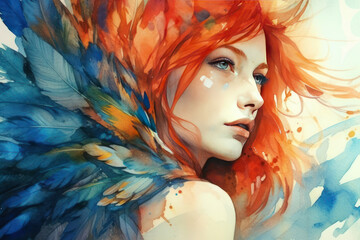 a woman with bright red hair looking into the distance. 