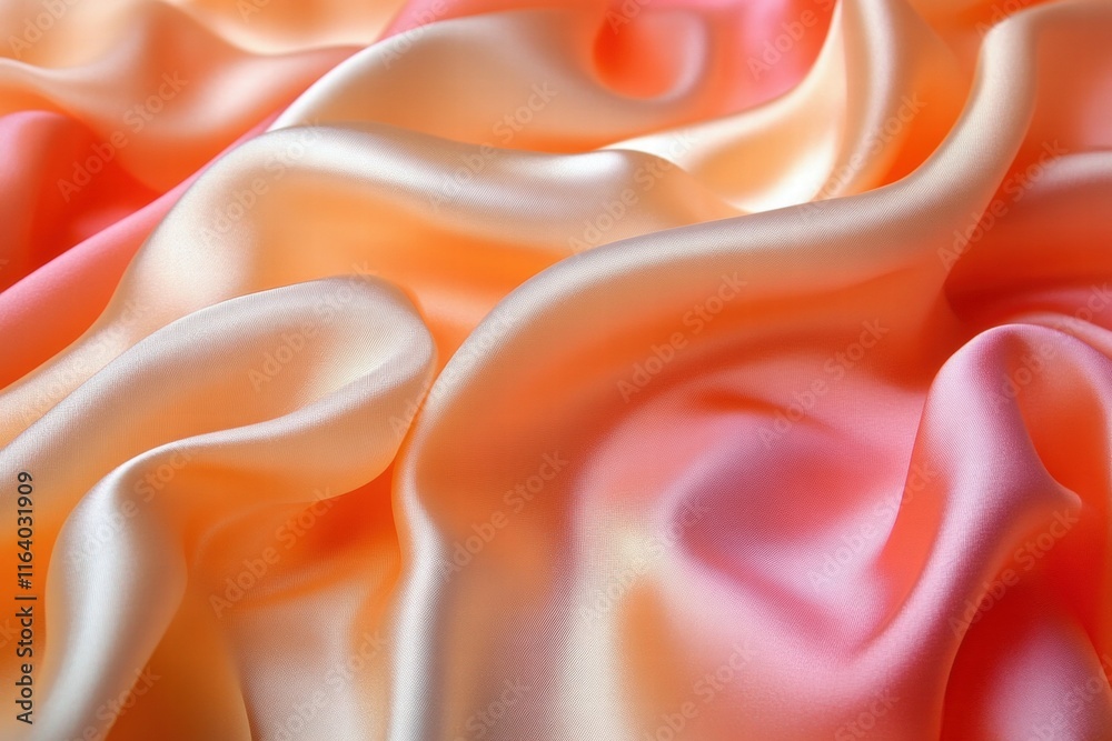 Poster a close-up of smooth, flowing fabric in soft orange and pink hues, showcasing texture and color.