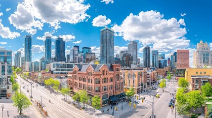 Fototapeta premium A vibrant cityscape featuring modern skyscrapers, historical architecture, and a clear blue sky dotted with clouds.