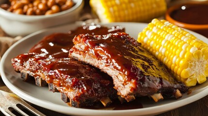 Delicious BBQ ribs with corn on the cob and baked beans.