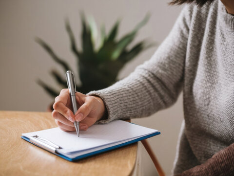Una mujer tomando notas en un bloc de notas en blanco
