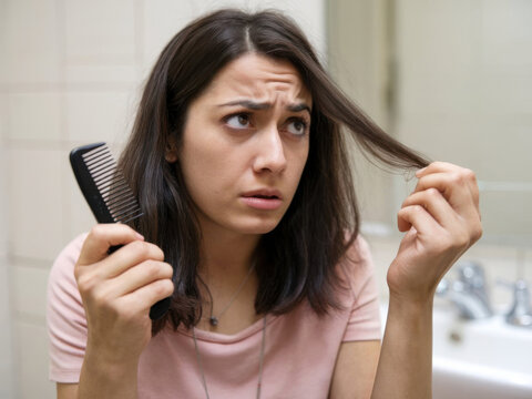 Mujer con expresi&oacute;n preocupada por la p&eacute;rdida de cabello
