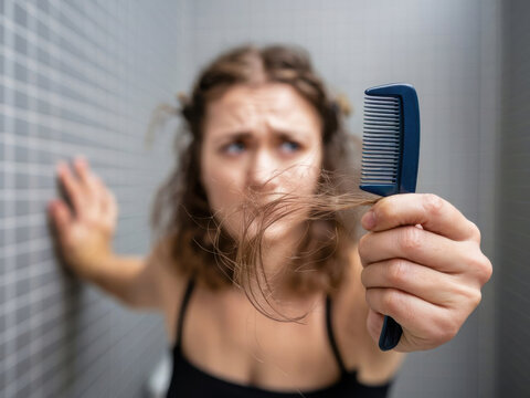 Mujer con expresi&oacute;n preocupada sostiene cabello ca&iacute;do de su cabeza
