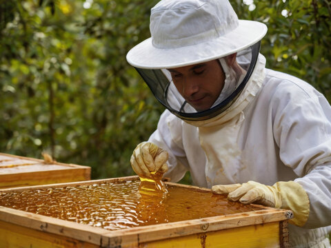 Apicultor recolectando miel de panales de abejas