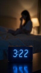 Woman in Thought at Night with Alarm Clock Displaying 3:22