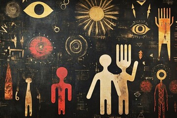 Grunge textured cave painting depicting stylized human figures, eyes, hands, sun, and geometric shapes, evoking ancient rituals and communication