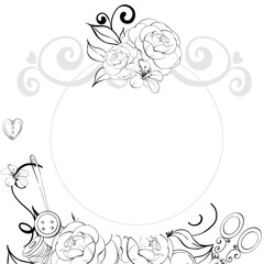 Vintage Circle frame with roses for labels, design. Vintage flowers old fashion, tailoring for postcard, fabric, printing. Graphic vector line, hand drawn, black silhouette