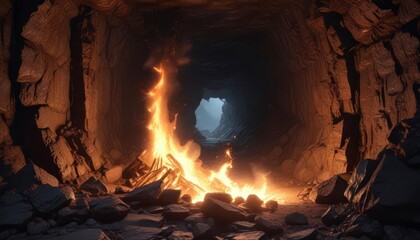 Daring flames crackle in the stillness of an abandoned mine shaft ,  abandoned,  decay