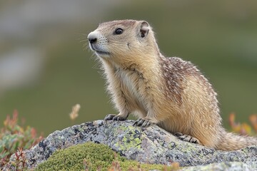 Naklejka premium Yellow-bellied marmot (Marmota flaviventris), also known as Rock Chuck, peeks out from the entrance of its burrow